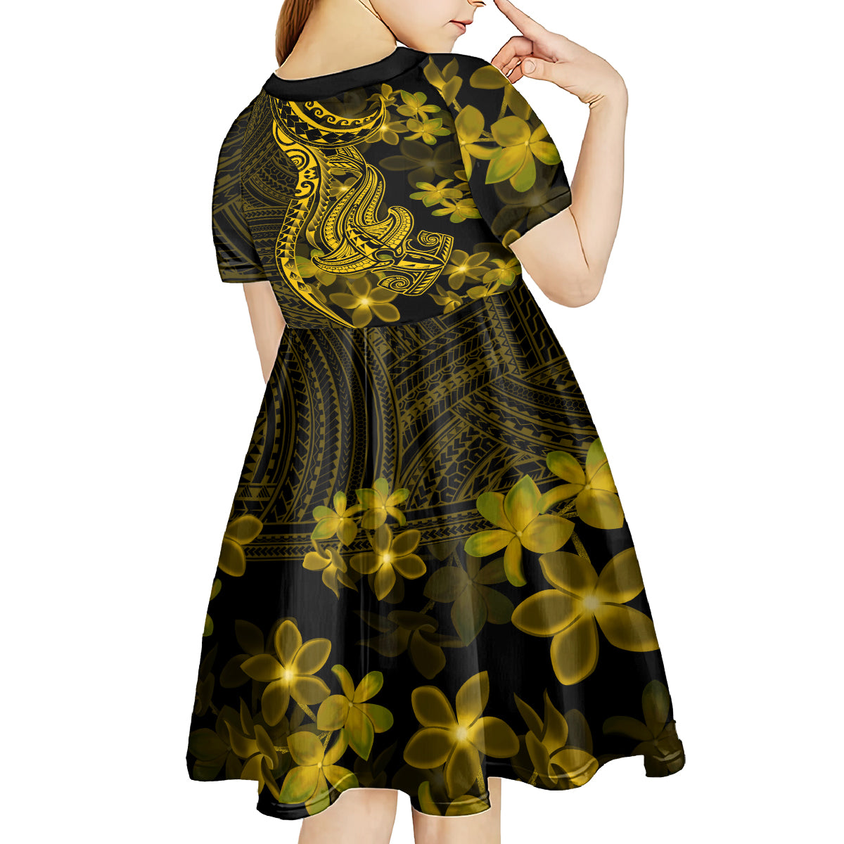 Gold Polynesia Shark Tattoo Kid Short Sleeve Dress With Polynesian Plumeria LT14 - Polynesian Pride
