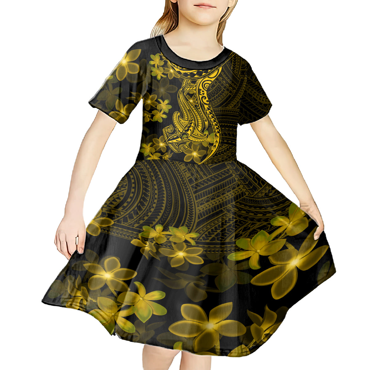 Gold Polynesia Shark Tattoo Kid Short Sleeve Dress With Polynesian Plumeria LT14 - Polynesian Pride