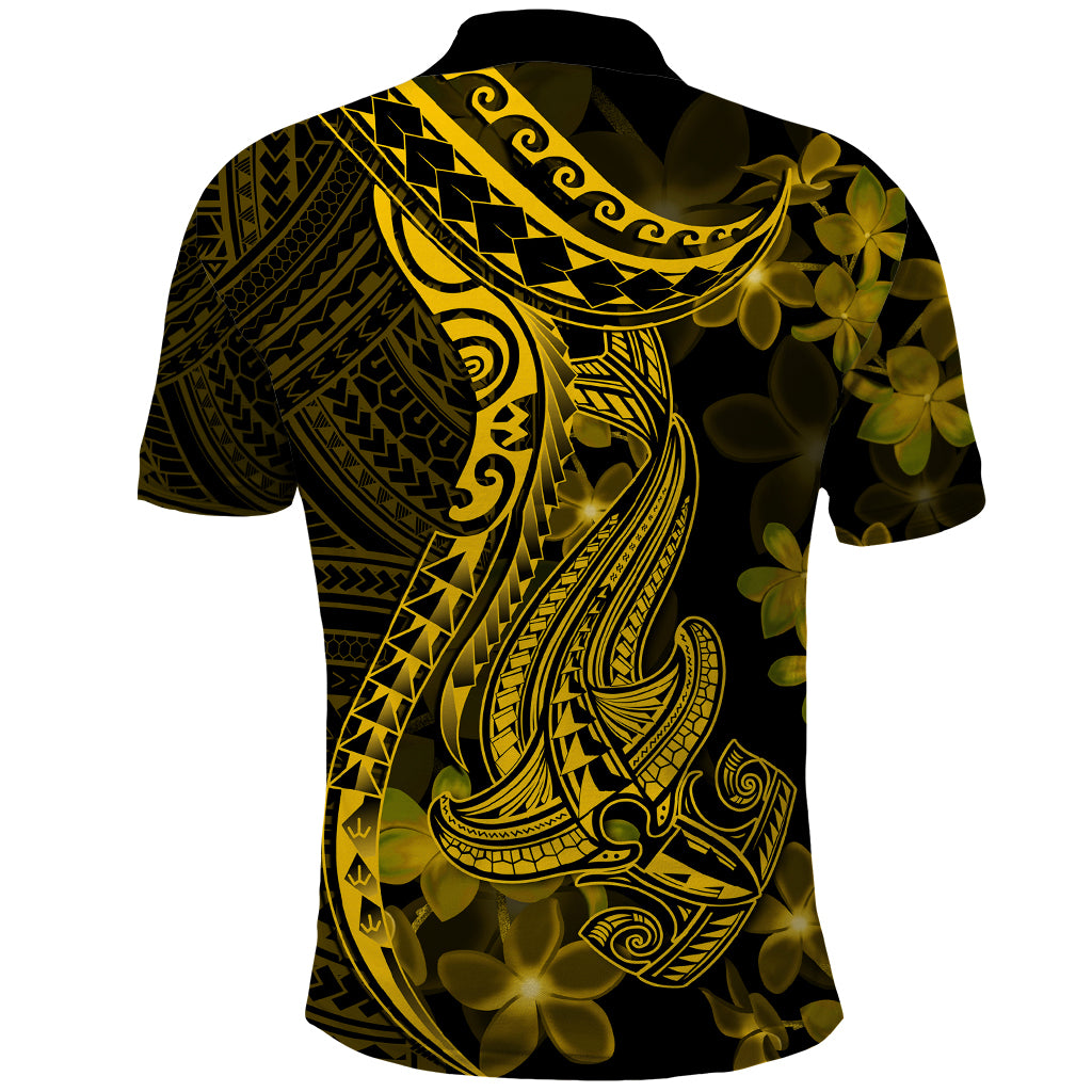 Gold Polynesia Shark Tattoo Polo Shirt With Polynesian Plumeria LT14 - Polynesian Pride