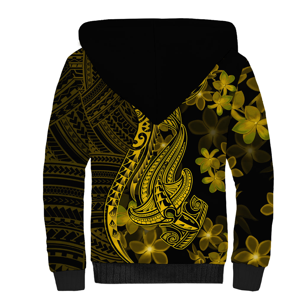 Gold Polynesia Shark Tattoo Sherpa Hoodie With Polynesian Plumeria LT14 - Polynesian Pride