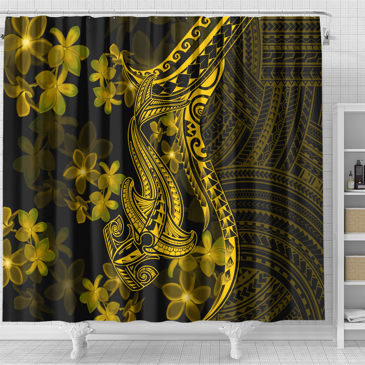 Gold Polynesia Shark Tattoo Shower Curtain With Polynesian Plumeria LT14 - Polynesian Pride