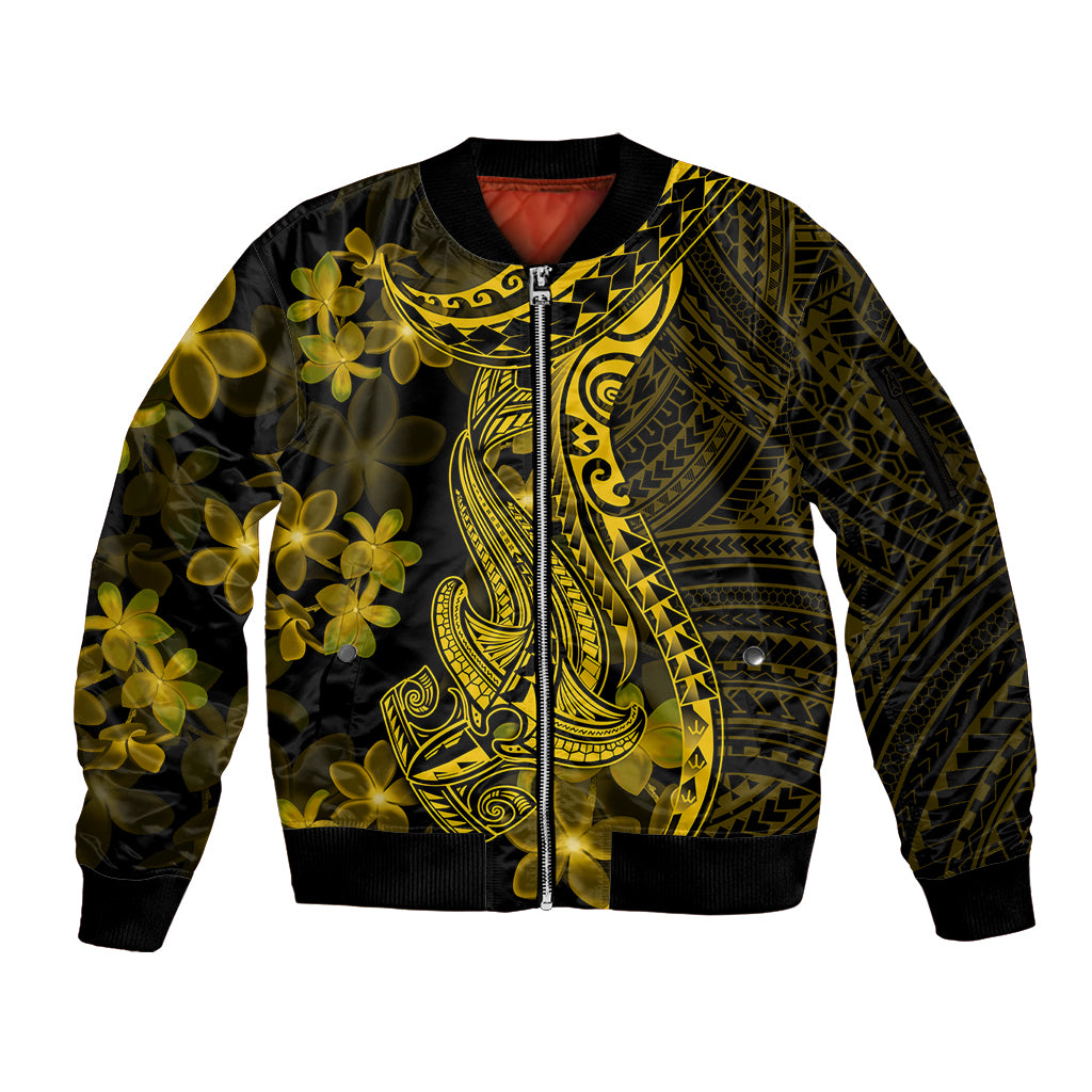 Gold Polynesia Shark Tattoo Sleeve Zip Bomber Jacket With Polynesian Plumeria LT14 Unisex Gold - Polynesian Pride