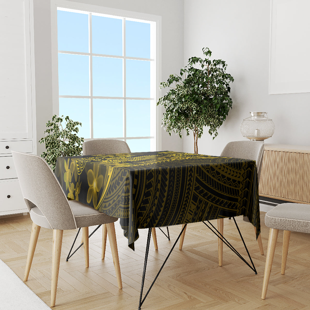 Gold Polynesia Shark Tattoo Tablecloth With Polynesian Plumeria LT14 - Polynesian Pride