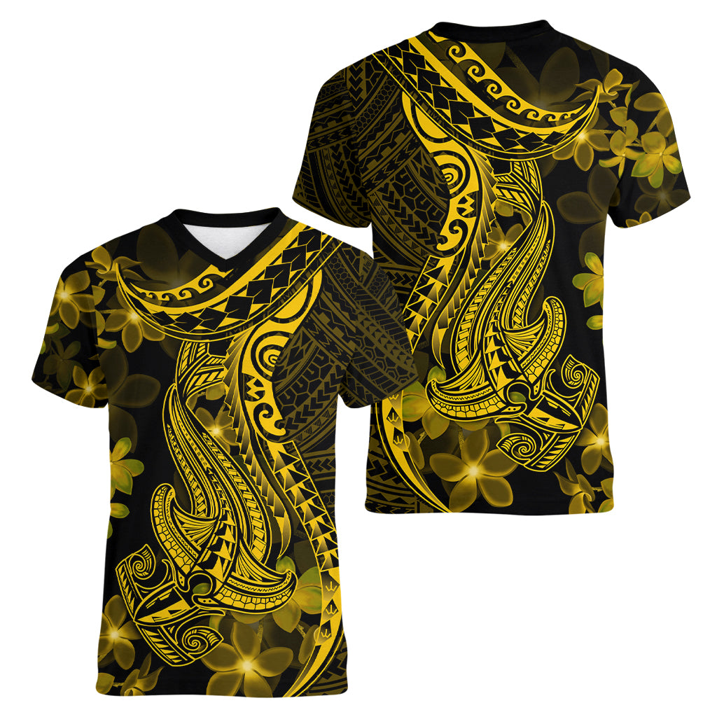 Gold Polynesia Shark Tattoo Women V Neck T Shirt With Polynesian Plumeria LT14 - Polynesian Pride