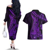 Purple Polynesia Shark Tattoo Couples Matching Off The Shoulder Long Sleeve Dress and Hawaiian Shirt With Polynesian Plumeria LT14 - Polynesian Pride