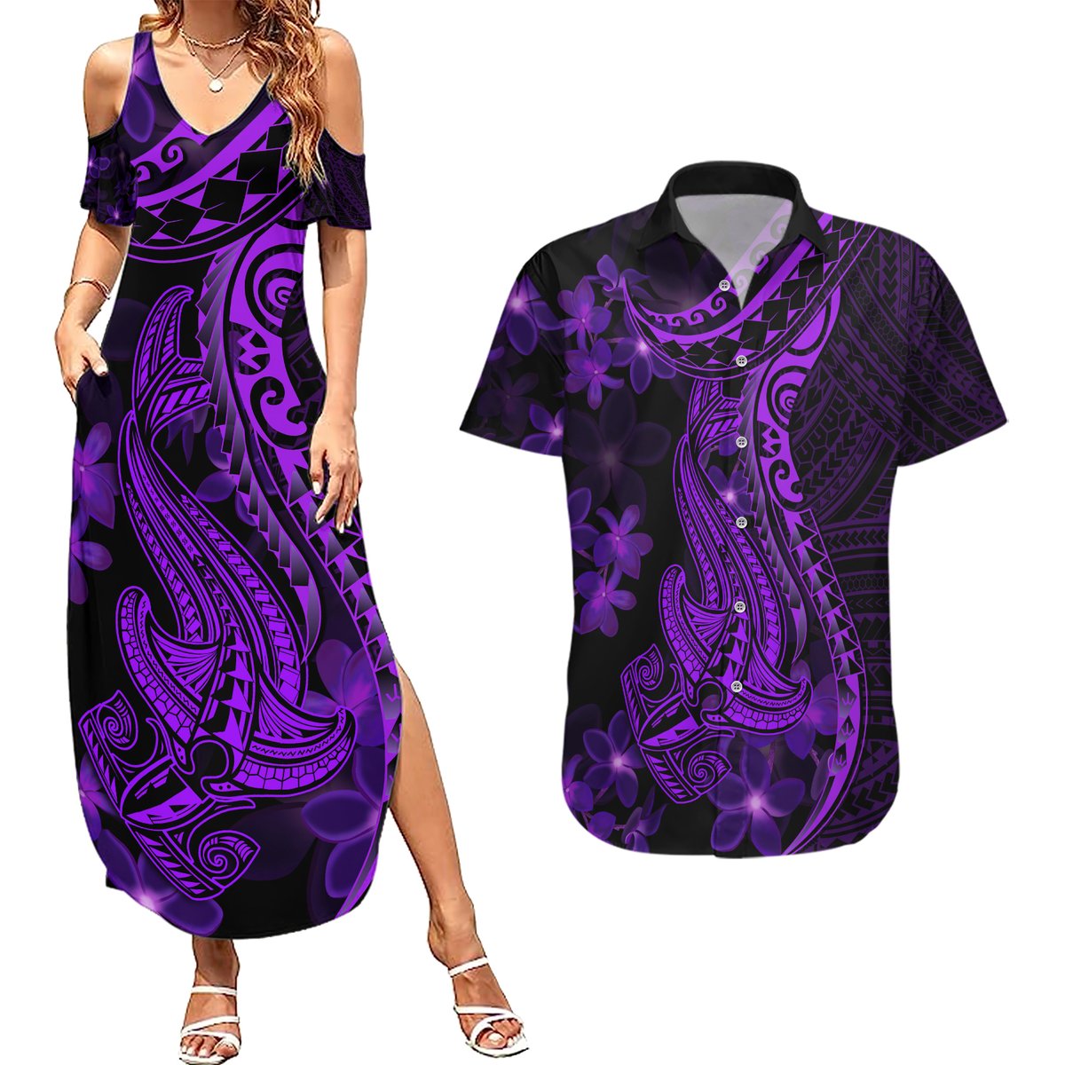 Purple Polynesia Shark Tattoo Couples Matching Summer Maxi Dress and Hawaiian Shirt With Polynesian Plumeria LT14 Purple - Polynesian Pride
