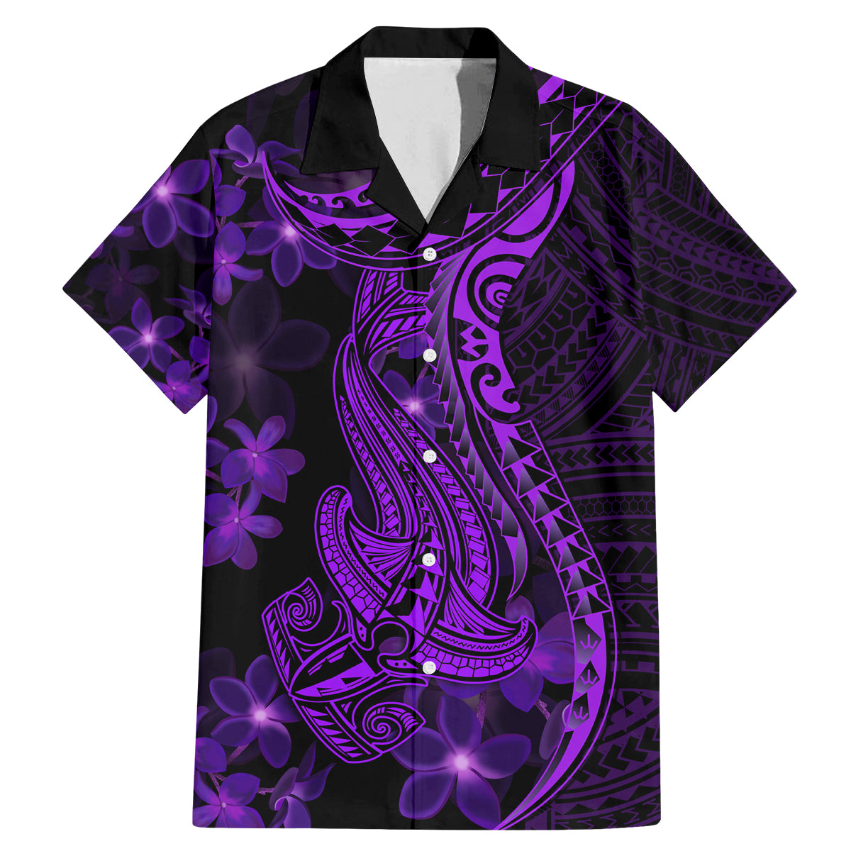 Purple Polynesia Shark Tattoo Family Matching Mermaid Dress and Hawaiian Shirt With Polynesian Plumeria LT14 Dad's Shirt - Short Sleeve Purple - Polynesian Pride