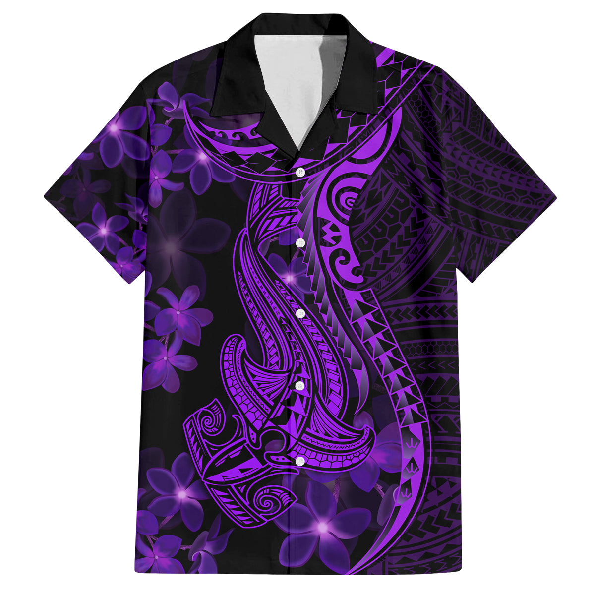 Purple Polynesia Shark Tattoo Family Matching Off Shoulder Short Dress and Hawaiian Shirt With Polynesian Plumeria LT14 Dad's Shirt - Short Sleeve Purple - Polynesian Pride