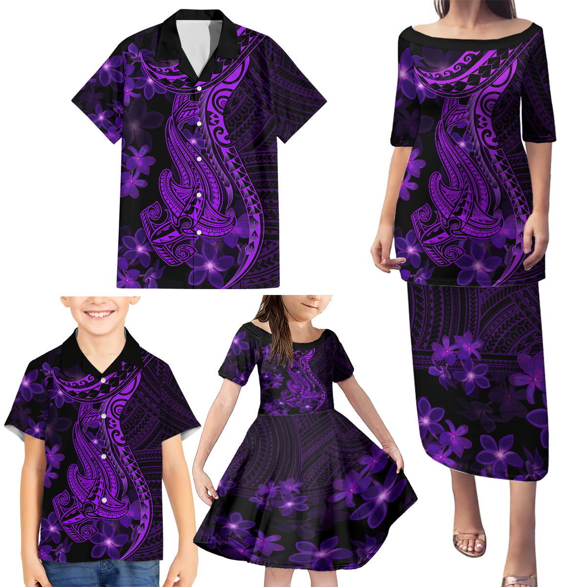 Purple Polynesia Shark Tattoo Family Matching Puletasi Dress and Hawaiian Shirt With Polynesian Plumeria LT14 - Polynesian Pride