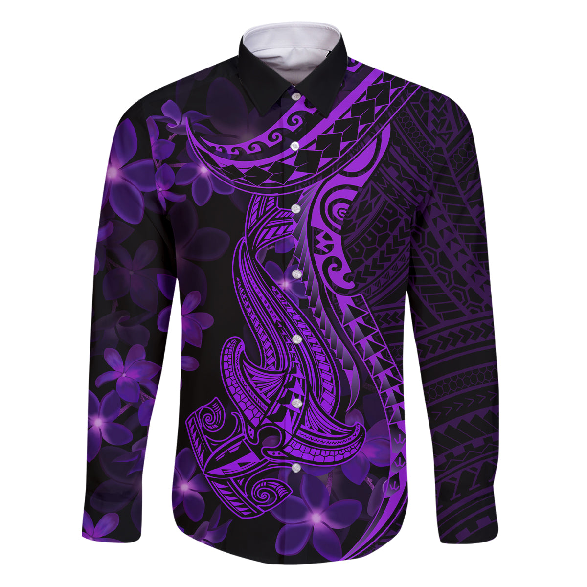 Purple Polynesia Shark Tattoo Family Matching Puletasi Dress and Hawaiian Shirt With Polynesian Plumeria LT14 Dad's Shirt - Long Sleeve Purple - Polynesian Pride