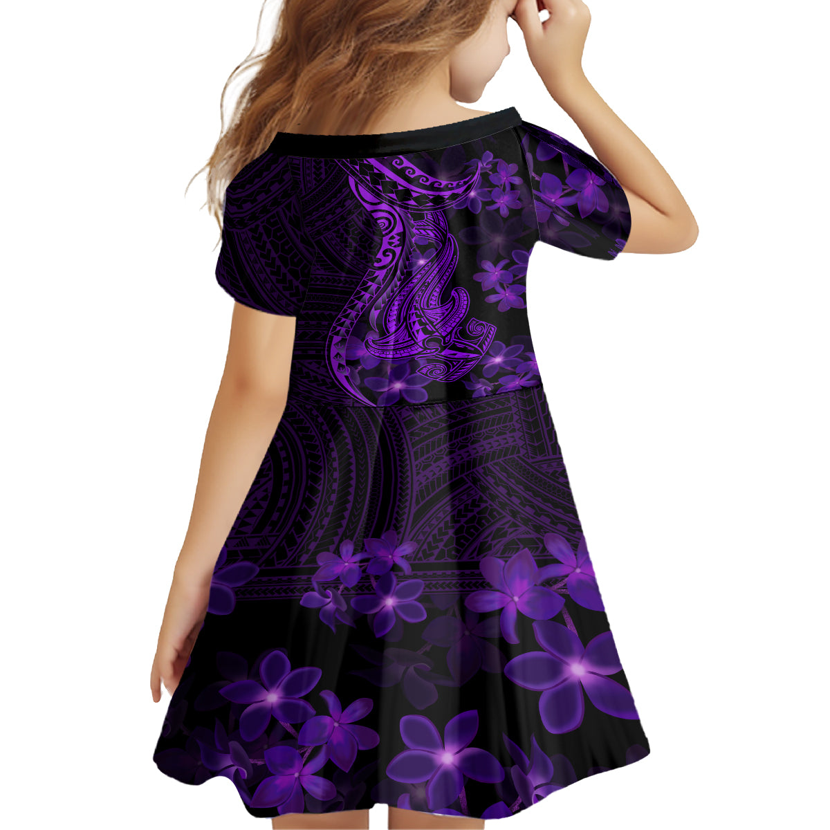 Purple Polynesia Shark Tattoo Kid Short Sleeve Dress With Polynesian Plumeria LT14 - Polynesian Pride