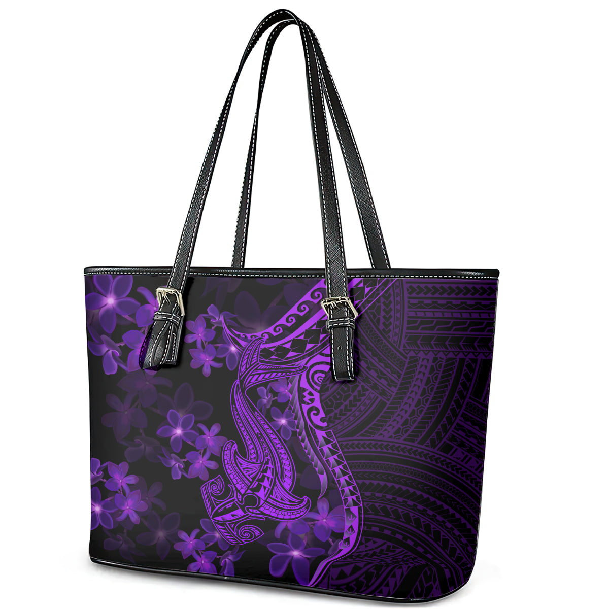 Purple Polynesia Shark Tattoo Leather Tote Bag With Polynesian Plumeria LT14 - Polynesian Pride