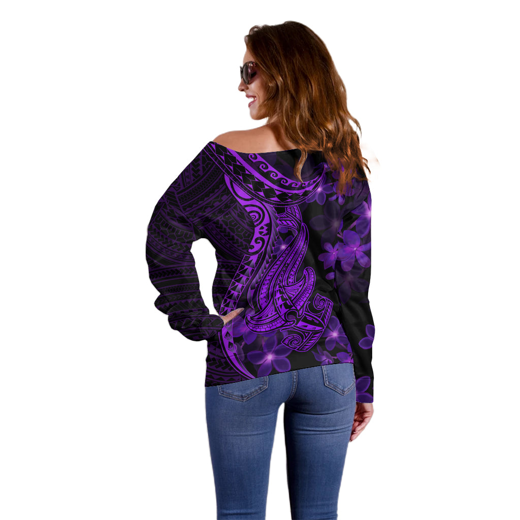 Purple Polynesia Shark Tattoo Off Shoulder Sweater With Polynesian Plumeria LT14 - Polynesian Pride