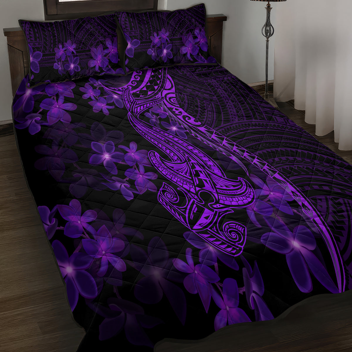Purple Polynesia Shark Tattoo Quilt Bed Set With Polynesian Plumeria LT14 - Polynesian Pride