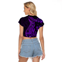 Purple Polynesia Shark Tattoo Raglan Cropped T Shirt With Polynesian Plumeria LT14 - Polynesian Pride