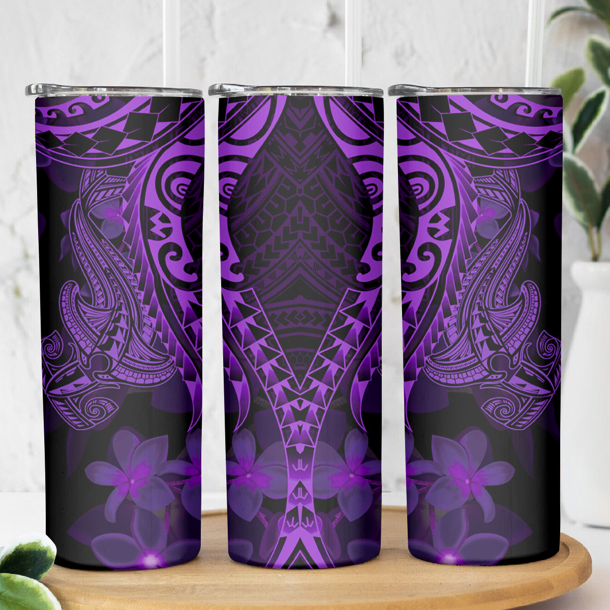 Purple Polynesia Shark Tattoo Skinny Tumbler With Polynesian Plumeria