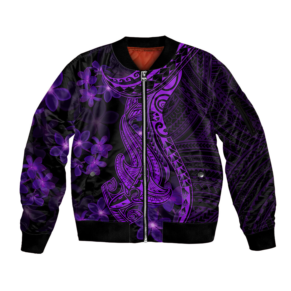 Purple Polynesia Shark Tattoo Sleeve Zip Bomber Jacket With Polynesian Plumeria LT14 Unisex Purple - Polynesian Pride