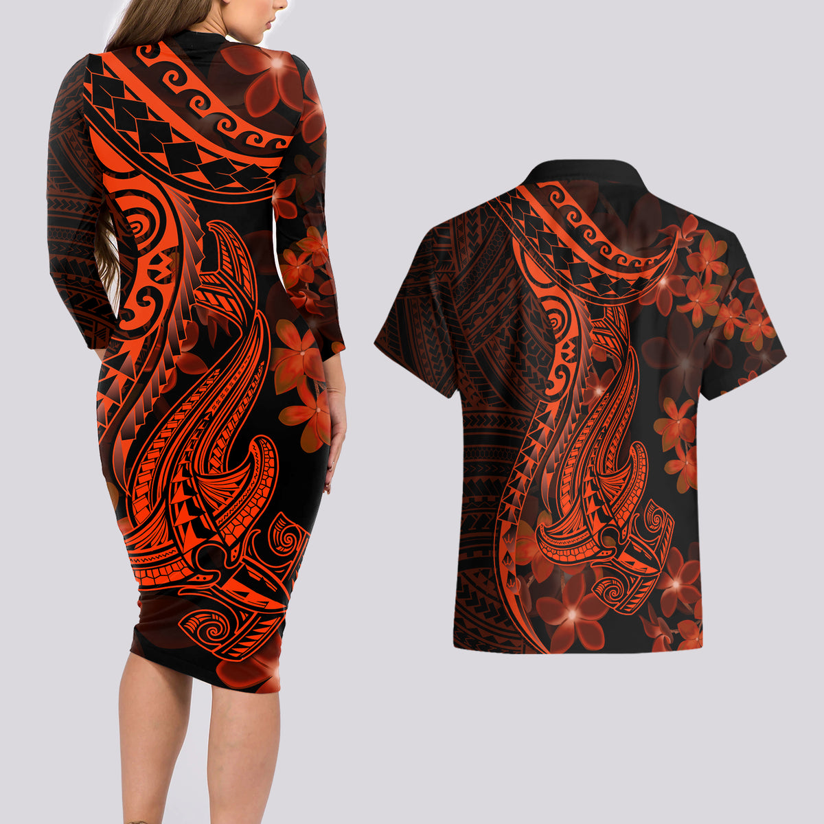 Red Polynesia Couples Matching Long Sleeve Bodycon Dress and Hawaiian Shirt Shark Tattoo With Polynesian Plumeria LT14 - Polynesian Pride