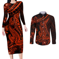 Red Polynesia Couples Matching Long Sleeve Bodycon Dress and Long Sleeve Button Shirt Shark Tattoo With Polynesian Plumeria LT14 Red - Polynesian Pride