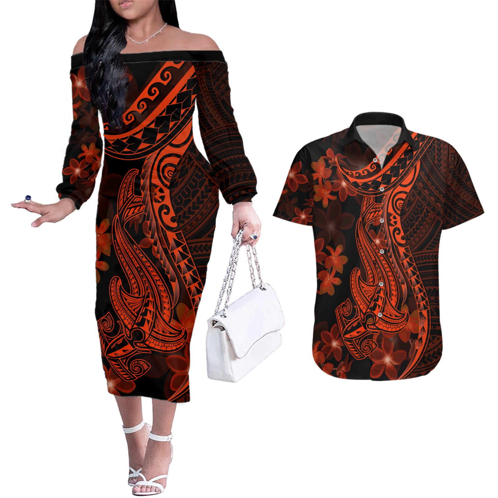 Red Polynesia Couples Matching Off The Shoulder Long Sleeve Dress and Hawaiian Shirt Shark Tattoo With Polynesian Plumeria LT14 Red - Polynesian Pride