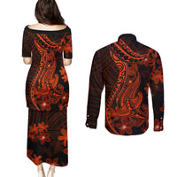 Red Polynesia Couples Matching Puletasi Dress and Long Sleeve Button Shirt Shark Tattoo With Polynesian Plumeria LT14 - Polynesian Pride