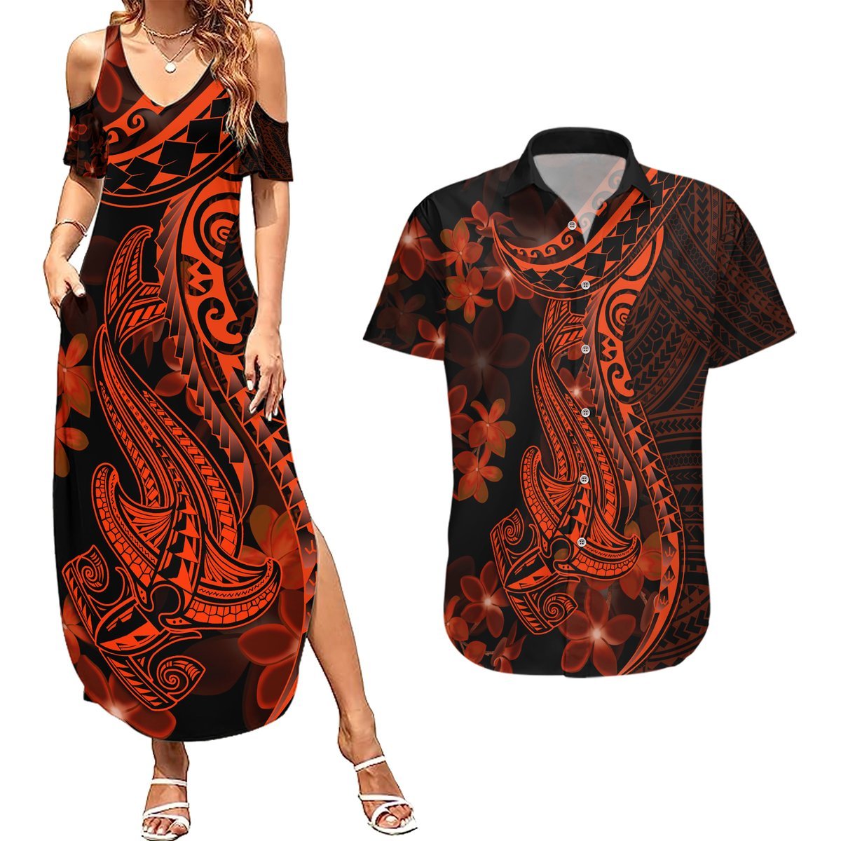 Red Polynesia Couples Matching Summer Maxi Dress and Hawaiian Shirt Shark Tattoo With Polynesian Plumeria LT14 Red - Polynesian Pride