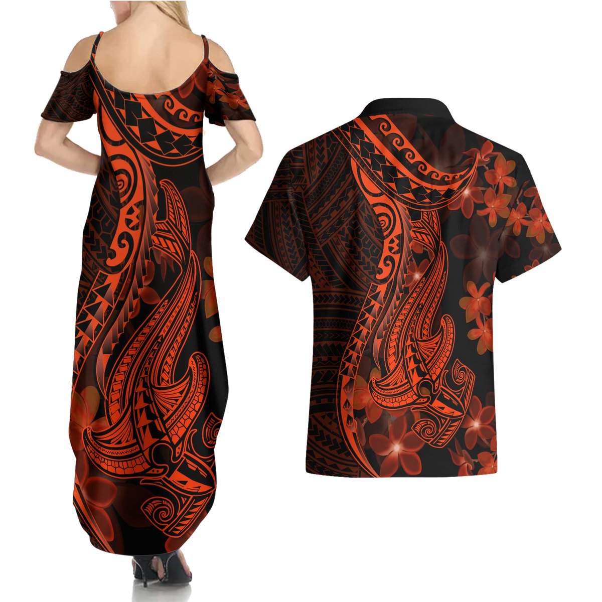 Red Polynesia Couples Matching Summer Maxi Dress and Hawaiian Shirt Shark Tattoo With Polynesian Plumeria LT14 - Polynesian Pride