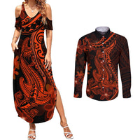 Red Polynesia Couples Matching Summer Maxi Dress and Long Sleeve Button Shirt Shark Tattoo With Polynesian Plumeria LT14 Red - Polynesian Pride