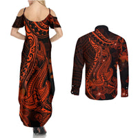 Red Polynesia Couples Matching Summer Maxi Dress and Long Sleeve Button Shirt Shark Tattoo With Polynesian Plumeria LT14 - Polynesian Pride