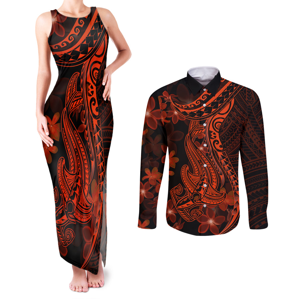Red Polynesia Couples Matching Tank Maxi Dress and Long Sleeve Button Shirt Shark Tattoo With Polynesian Plumeria LT14 Red - Polynesian Pride