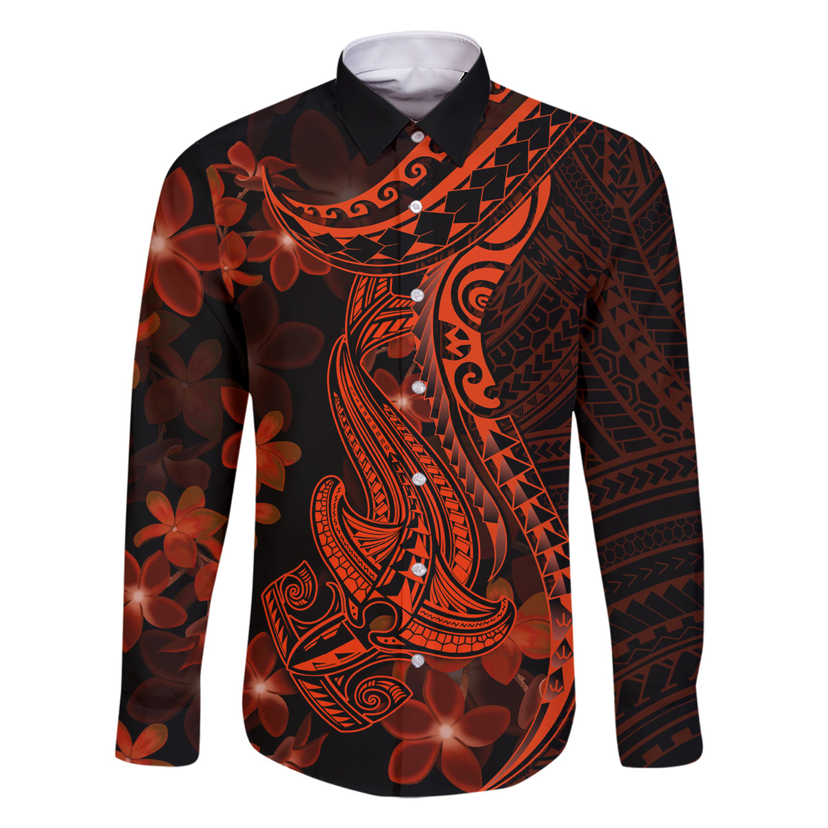 Red Polynesia Family Matching Short Sleeve Bodycon Dress and Hawaiian Shirt Shark Tattoo With Polynesian Plumeria LT14 Dad's Shirt - Long Sleeve Red - Polynesian Pride