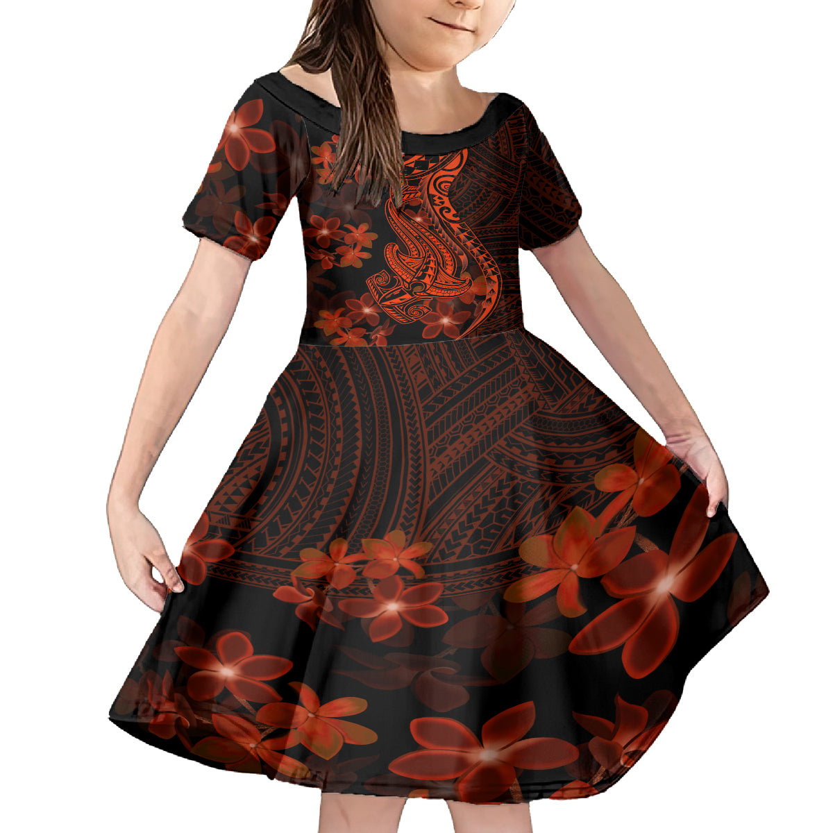 Red Polynesia Family Matching Tank Maxi Dress and Hawaiian Shirt Shark Tattoo With Polynesian Plumeria LT14 Daughter's Dress Red - Polynesian Pride
