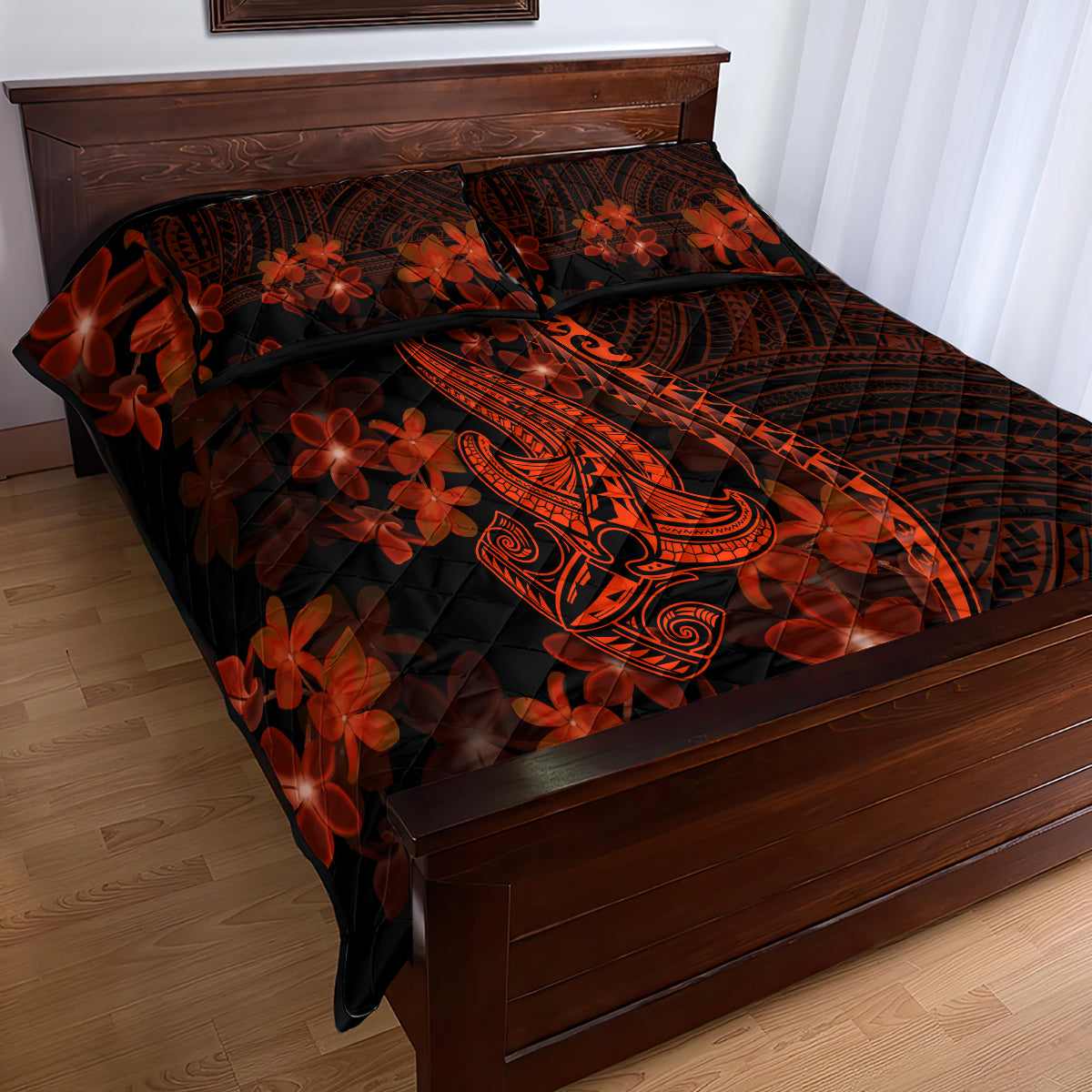 Red Polynesia Quilt Bed Set Shark Tattoo With Polynesian Plumeria LT14 - Polynesian Pride