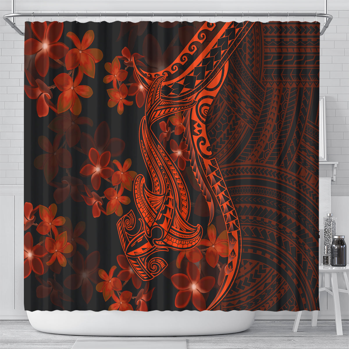 Red Polynesia Shower Curtain Shark Tattoo With Polynesian Plumeria LT14 - Polynesian Pride