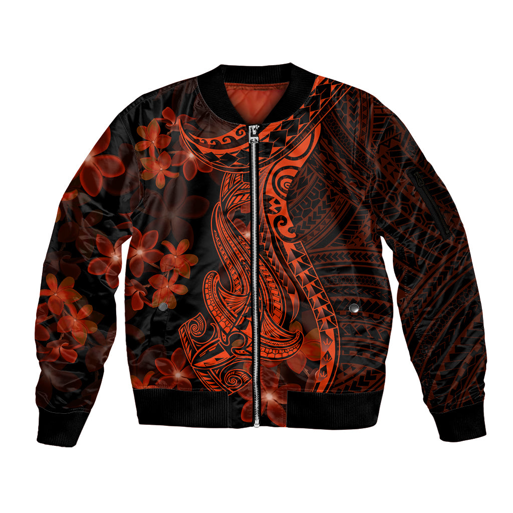 Red Polynesia Sleeve Zip Bomber Jacket Shark Tattoo With Polynesian Plumeria LT14 Unisex Red - Polynesian Pride