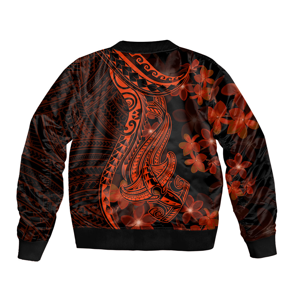Red Polynesia Sleeve Zip Bomber Jacket Shark Tattoo With Polynesian Plumeria LT14 - Polynesian Pride