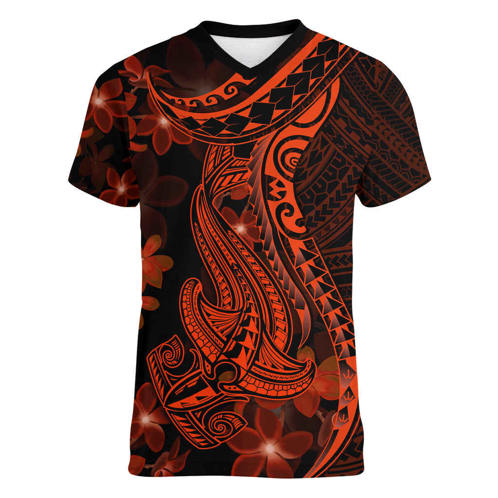 Red Polynesia Women V Neck T Shirt Shark Tattoo With Polynesian Plumeria LT14 Female Red - Polynesian Pride