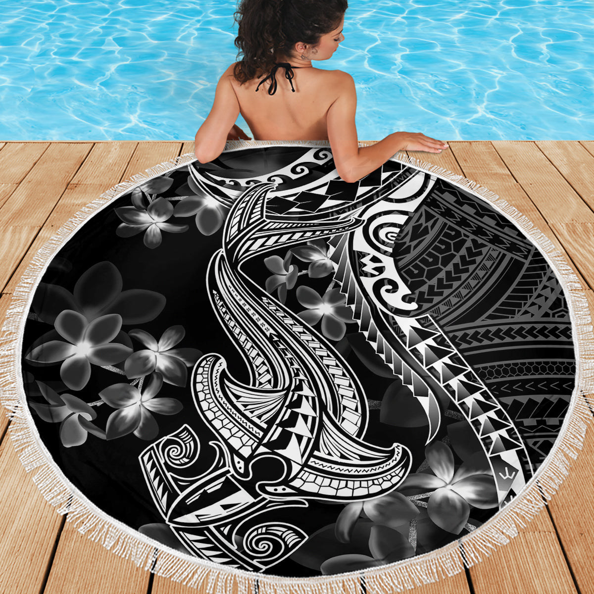 Black Polynesia Beach Blanket Shark Tattoo With Polynesian Plumeria LT14 - Polynesian Pride