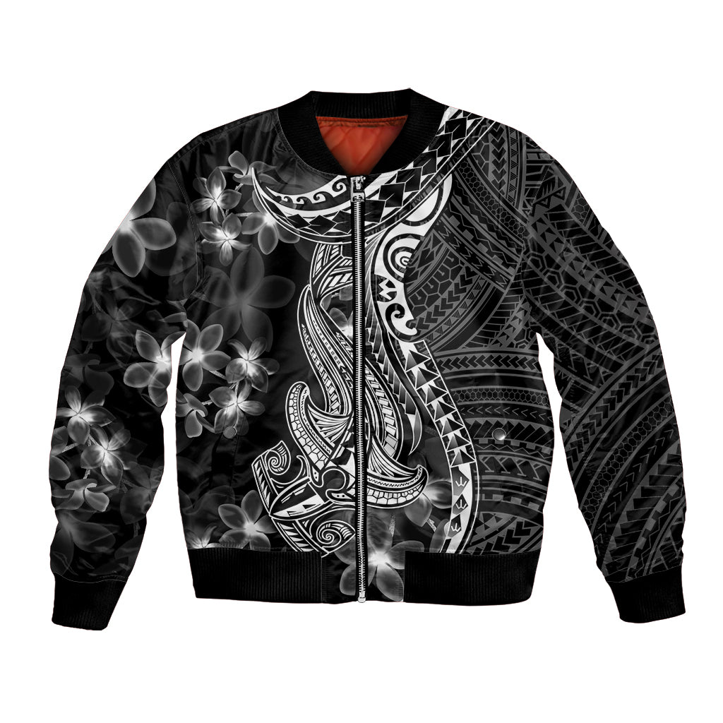 Black Polynesia Bomber Jacket Shark Tattoo With Polynesian Plumeria LT14 Unisex Black - Polynesian Pride