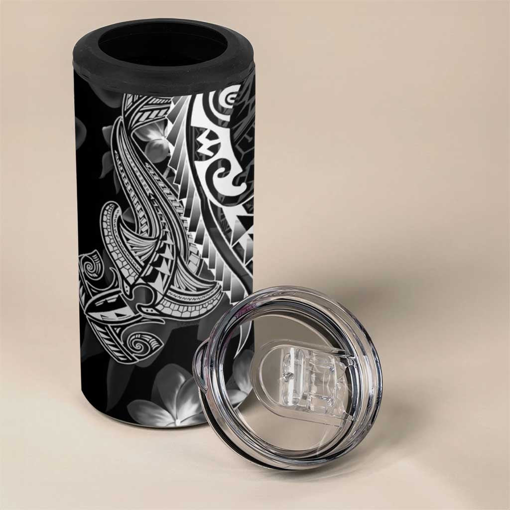 Black Polynesia 4 in 1 Can Cooler Tumbler Shark Tattoo With Polynesian Plumeria