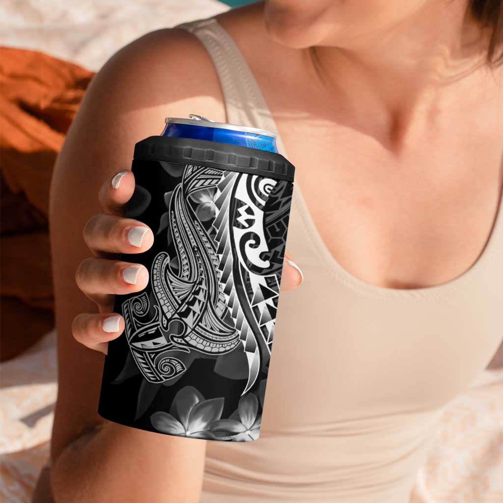 Black Polynesia 4 in 1 Can Cooler Tumbler Shark Tattoo With Polynesian Plumeria