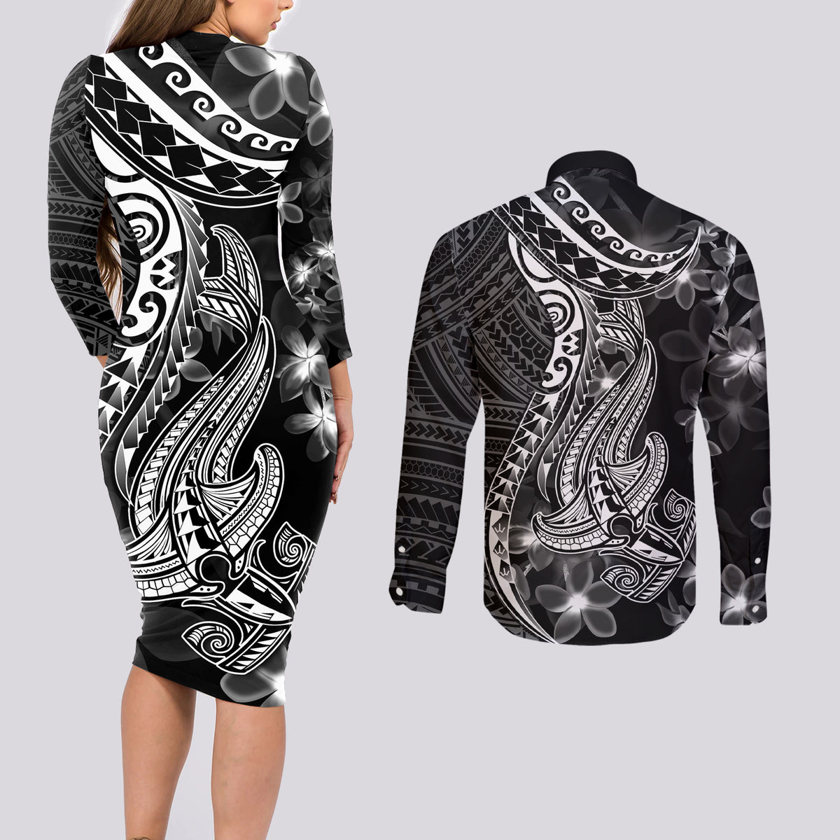 Black Polynesia Couples Matching Long Sleeve Bodycon Dress and Long Sleeve Button Shirt Shark Tattoo With Polynesian Plumeria LT14 - Polynesian Pride