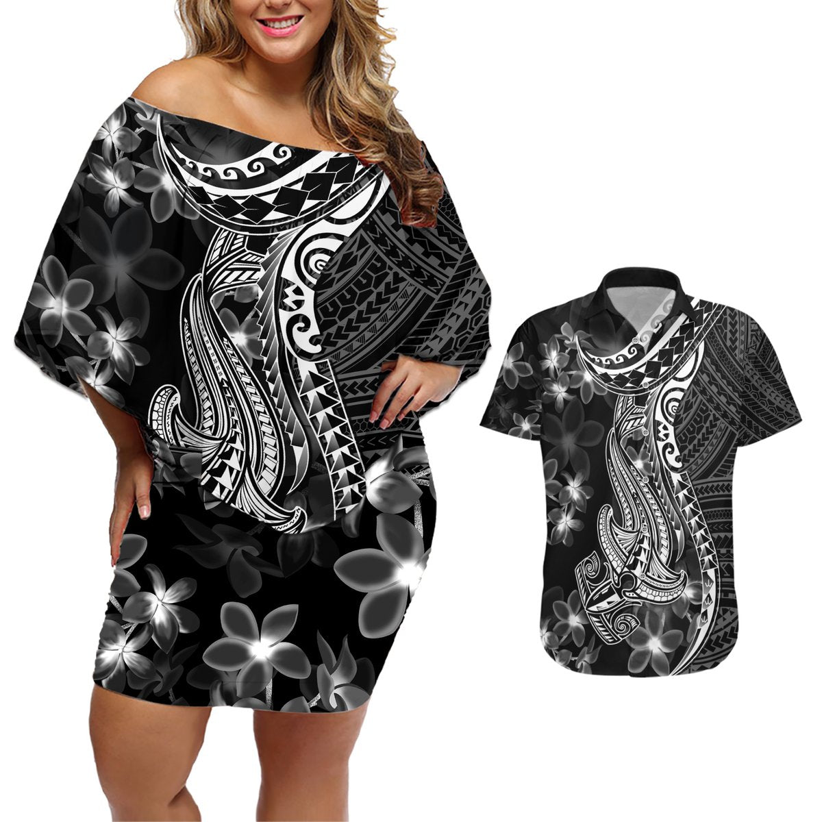Black Polynesia Couples Matching Off Shoulder Short Dress and Hawaiian Shirt Shark Tattoo With Polynesian Plumeria LT14 Black - Polynesian Pride