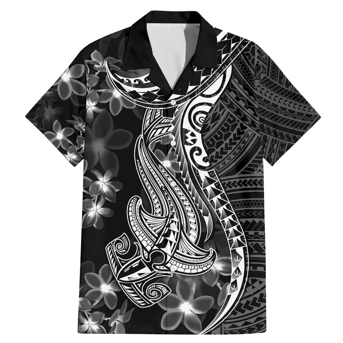 Black Polynesia Family Matching Mermaid Dress and Hawaiian Shirt Shark Tattoo With Polynesian Plumeria LT14 Dad's Shirt - Short Sleeve Black - Polynesian Pride