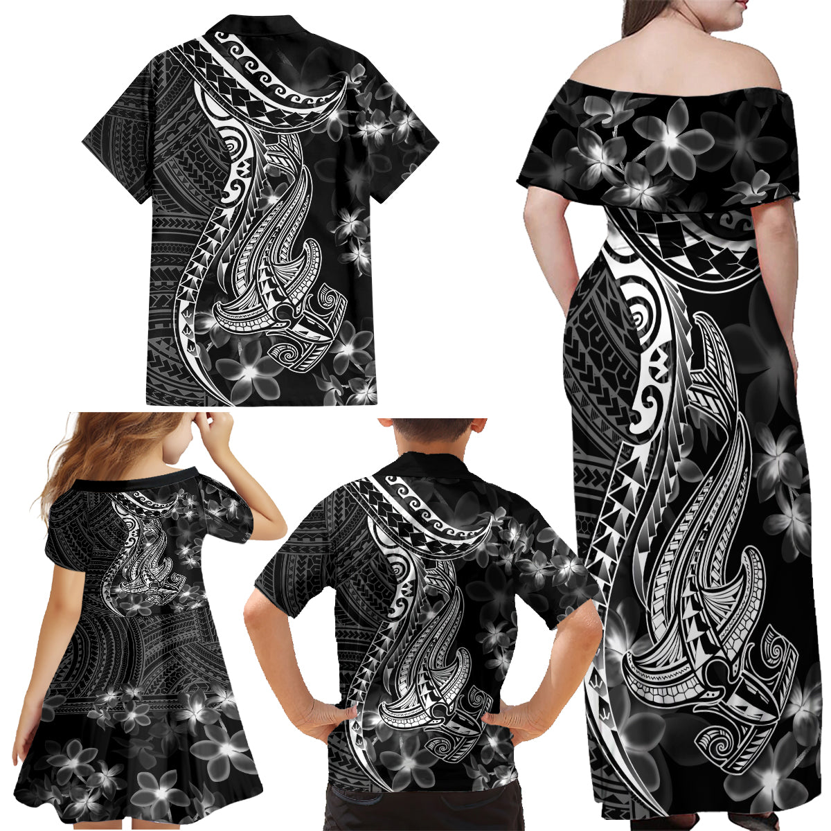 Black Polynesia Family Matching Off Shoulder Maxi Dress and Hawaiian Shirt Shark Tattoo With Polynesian Plumeria LT14 - Polynesian Pride