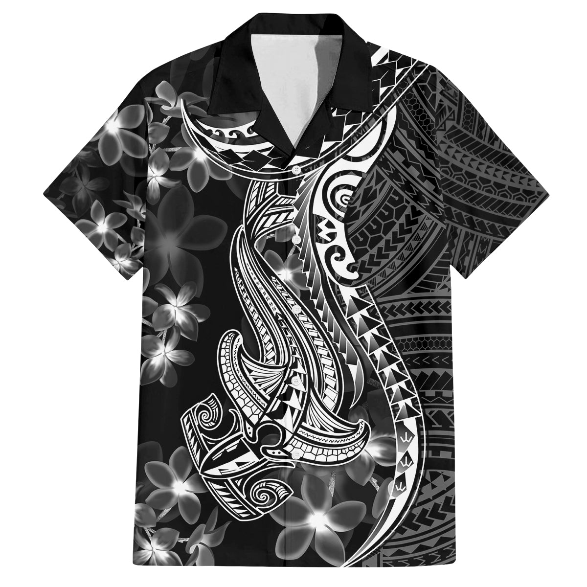 Black Polynesia Family Matching Puletasi Dress and Hawaiian Shirt Shark Tattoo With Polynesian Plumeria LT14 Dad's Shirt - Short Sleeve Black - Polynesian Pride