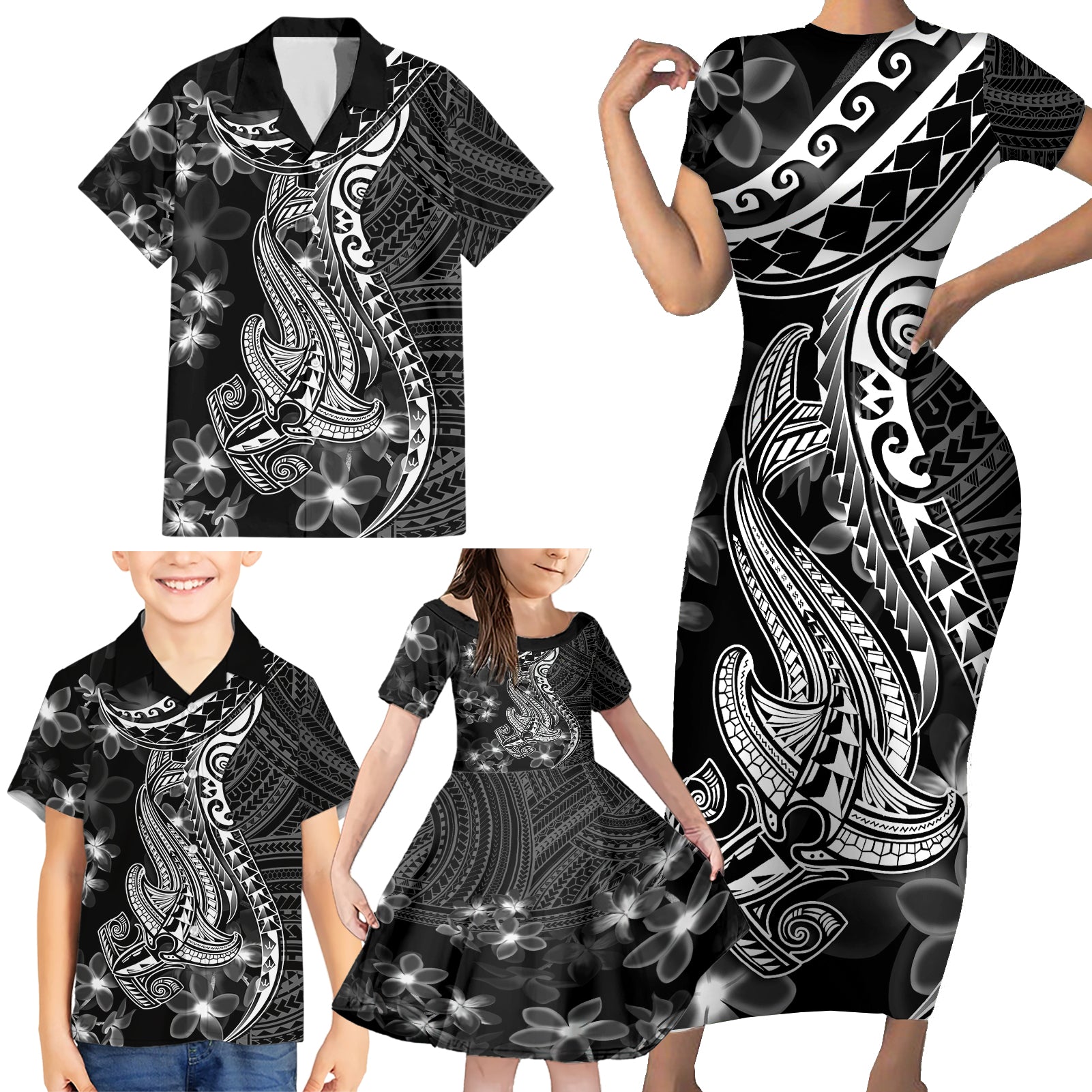 Black Polynesia Family Matching Short Sleeve Bodycon Dress and Hawaiian Shirt Shark Tattoo With Polynesian Plumeria LT14 - Polynesian Pride