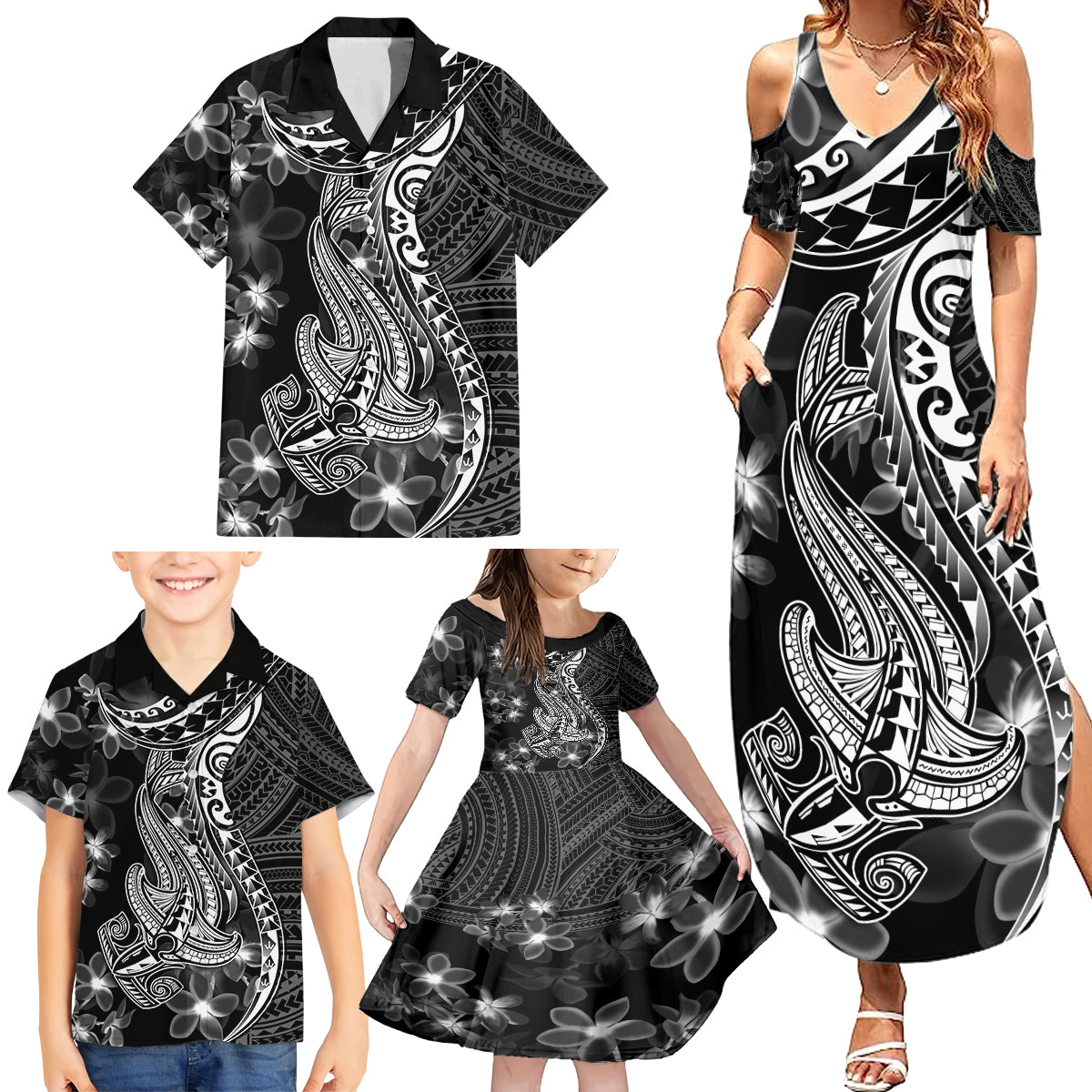 Black Polynesia Family Matching Summer Maxi Dress and Hawaiian Shirt Shark Tattoo With Polynesian Plumeria LT14 - Polynesian Pride