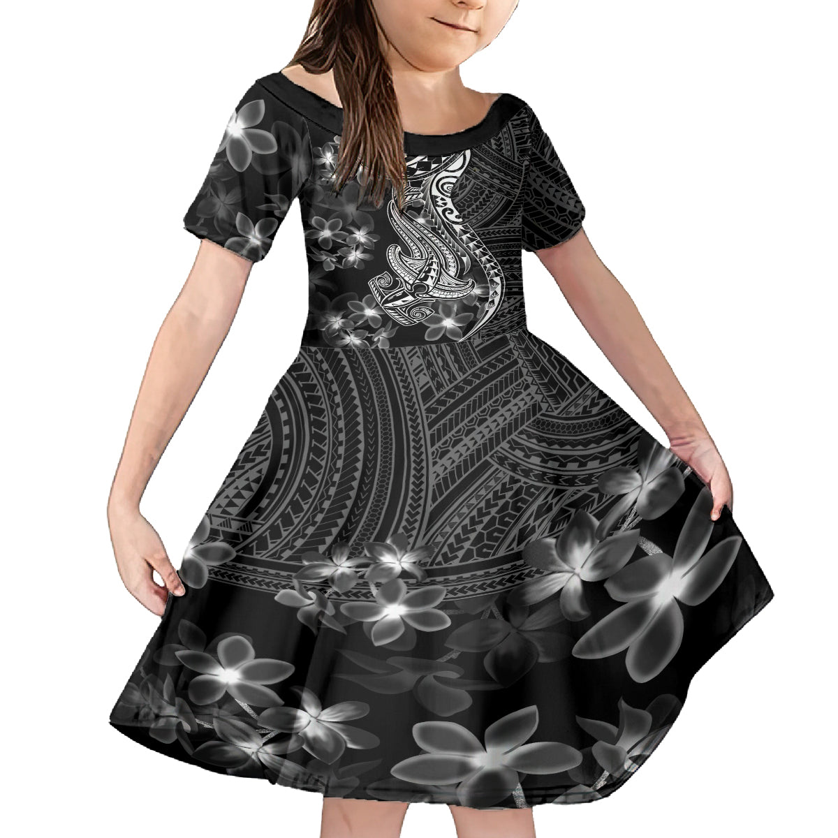 Black Polynesia Family Matching Tank Maxi Dress and Hawaiian Shirt Shark Tattoo With Polynesian Plumeria LT14 Daughter's Dress Black - Polynesian Pride