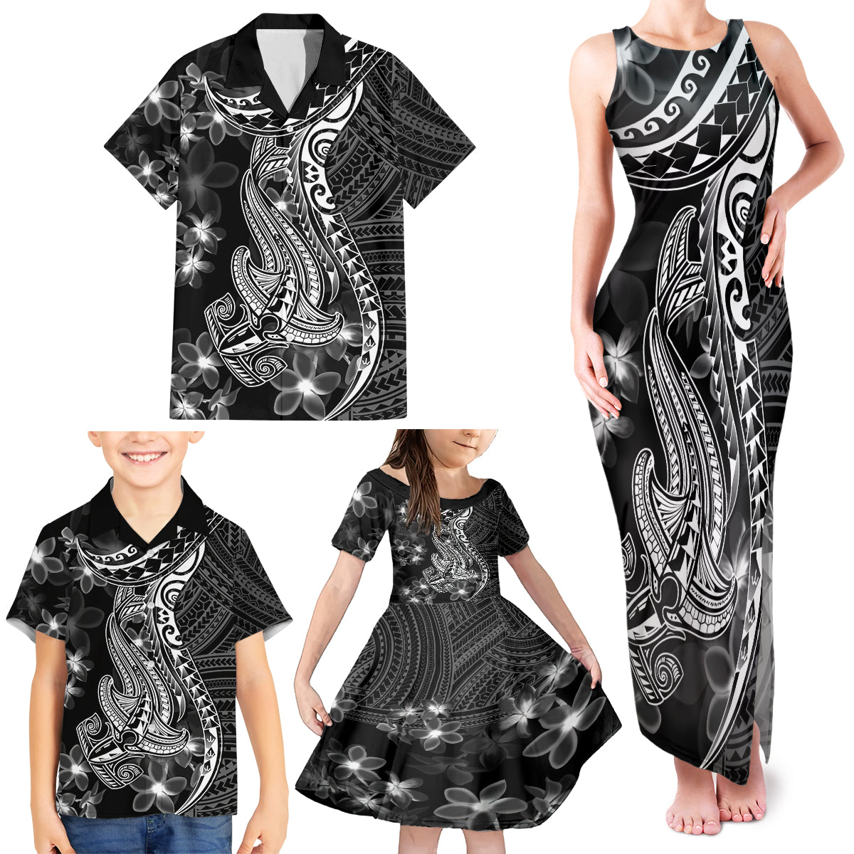 Black Polynesia Family Matching Tank Maxi Dress and Hawaiian Shirt Shark Tattoo With Polynesian Plumeria LT14 - Polynesian Pride
